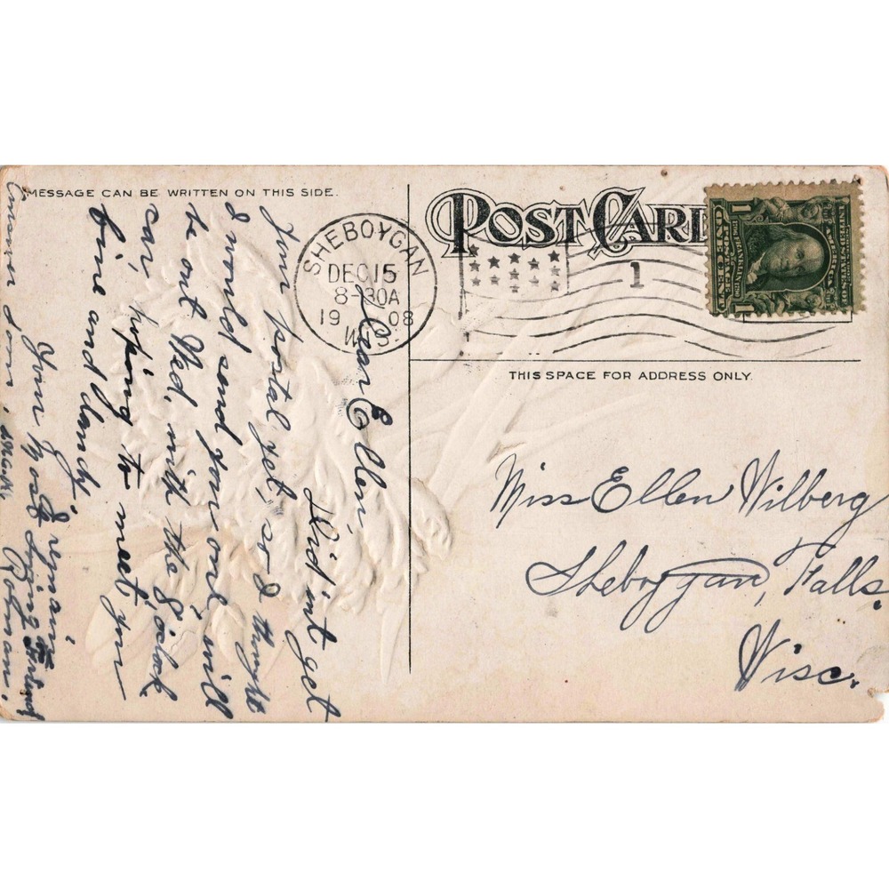 Antique 1908 Embossed Red Carnations Floral Postcard Sheboygan WI Postmark Stamp - Picture 2 of 2
